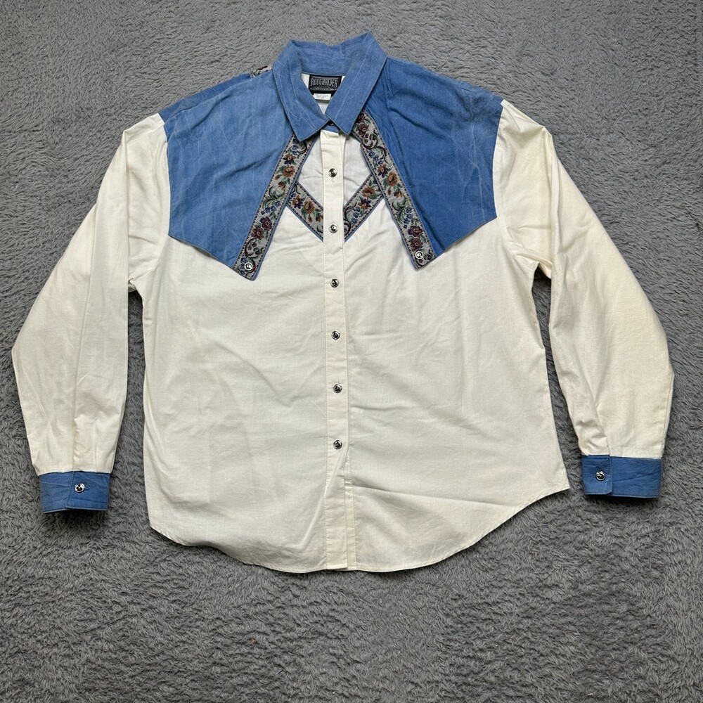 Vintage Rough Rider Western Shirt Womens XL Denim Button Cut Out Long Sleeve USA